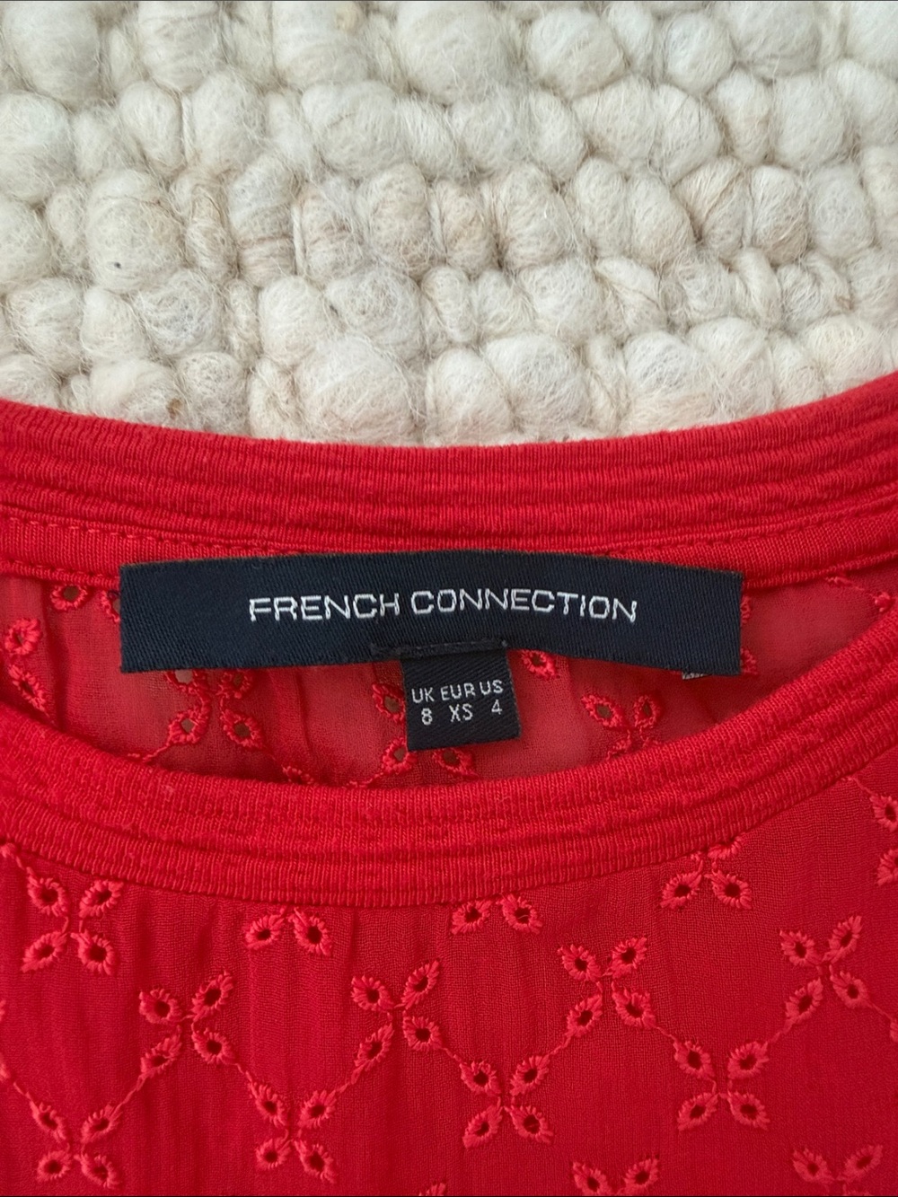 French Connection red short-sleeve mini dress textured sheer yoke ruffled sleeve - Picture 4 of 7